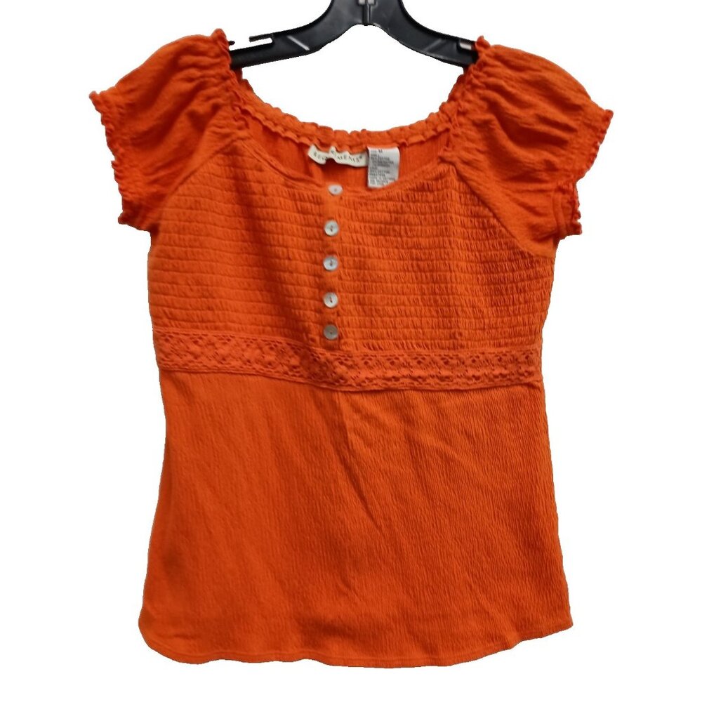 Vintage Y2K Requirements Womens Babydoll Top‎ Medium Orange Smocked Coquette